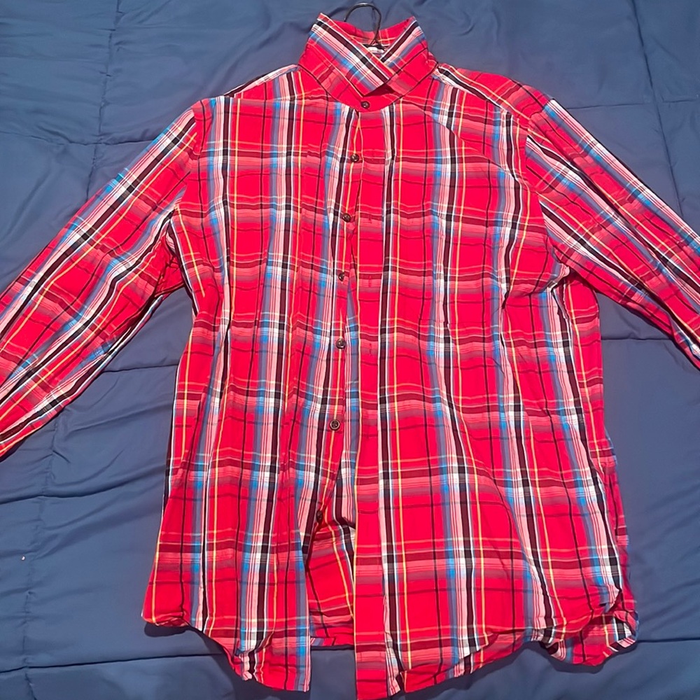 Mens Large Red/Blue Stripe Button Down Long Sleeve